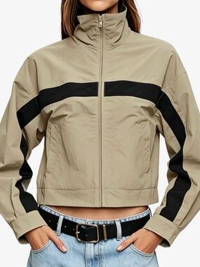 Women's Beige Bomber Jacket with Navy Stripe